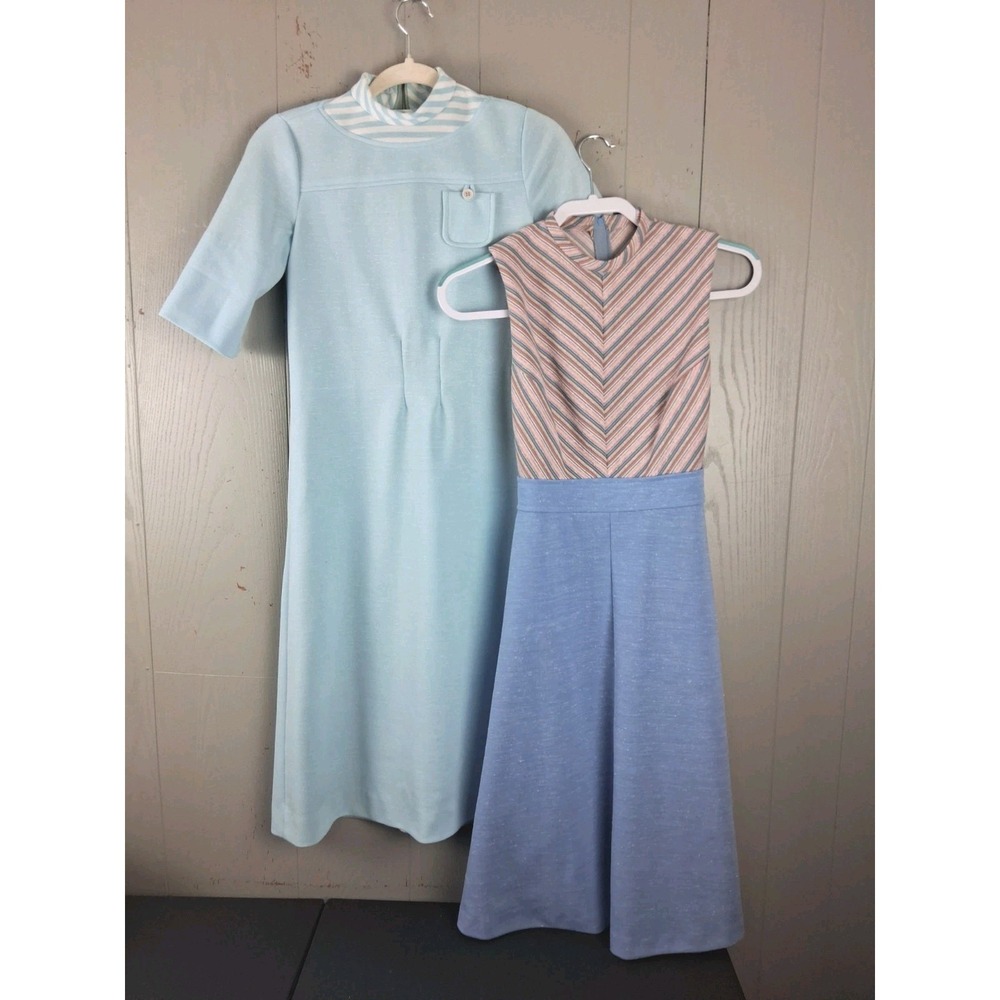 True Vintage 60s 70s Mod Shift Dress Lot of 2 A-Line Size Small/4 Blue Polyester